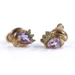 A pair of 9ct gold tsavorite garnet and amethyst e