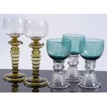 3 engraved glass rummers with turquoise glass bowl