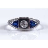 A French 18ct white gold 3-stone sapphire and diam