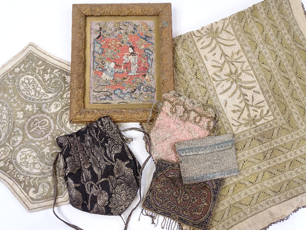 A group of Antique textiles, a beadwork bag etc
