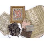 A group of Antique textiles, a beadwork bag etc