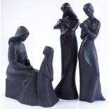 3 Doulton black matt glazed ceramic figures