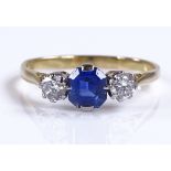 A Vintage 18ct gold 3-stone Ceylon sapphire and di