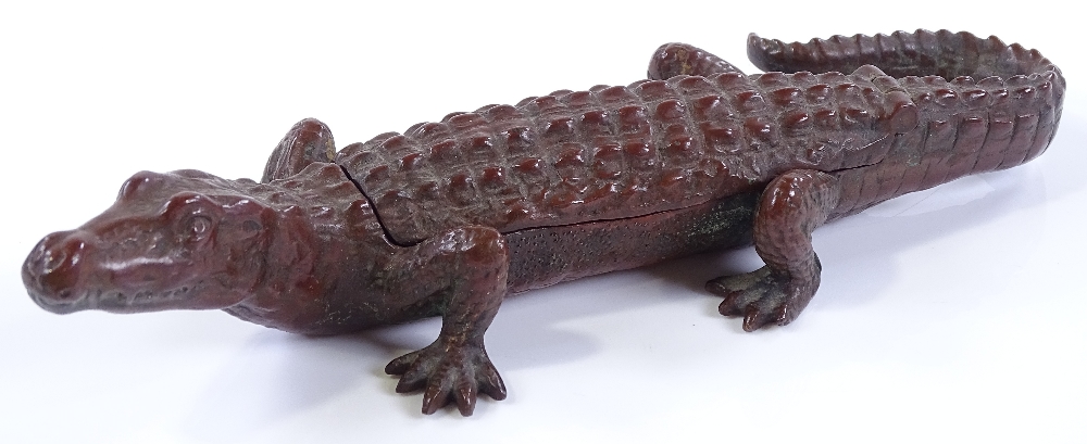 A Vienna patinated bronze crocodile with a hinged