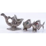 3 Continental silver fish design cruets, including