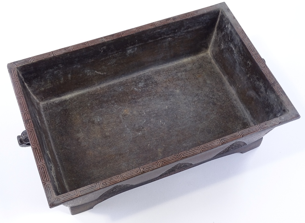 A Chinese rectangular bronze planter, relief mould - Image 2 of 3