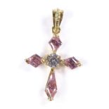 An 18ct gold pink and white stone cross, height 24