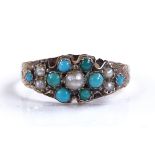 A Victorian 9ct gold turquoise and pearl daisy rin