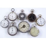A collection of various pocket watches, including