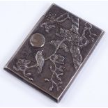 A Chinese silver card case, relief embossed bird a