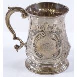 A George II silver half pint mug, with later scrol