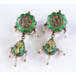 A pair of Indian unmarked gold, enamel, pearl and