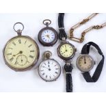 Various silver-cased fob and pocket watches, and a