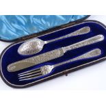 A cased silver cutlery set, comprising fork, knife