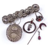 A silver and marcasite bracelet, garnet pendant et