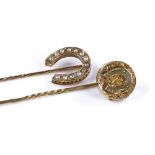 An unmarked gold seed pearl set horseshoe stickpin