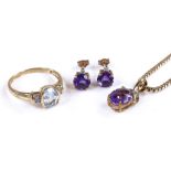 A faceted amethyst and diamond necklace and earrin