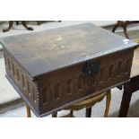 An 18th century carved oak Bible box, width 26"
