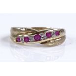 A 9ct gold ruby and diamond half hoop ring, settin