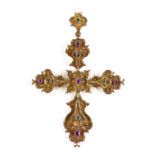 A large unmarked gold ruby and emerald set cross p