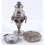 An unmarked silver snuffbox, a silver pocket watch