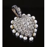 A Victorian diamond and pearl set heart pendant, u
