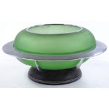 An Art Deco green glass table centre bowl in chrom