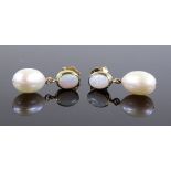 A pair of 9ct gold opal and pearl drop earrings, h