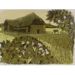Robert Tavener, lino-cut print, Tithe Barn and Con