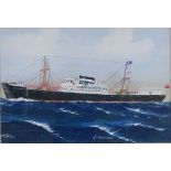 H Crane, gouache, ship portrait MV Scotland, signe