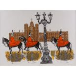 Robert Tavener, lino-cut print, Horse Guards and S