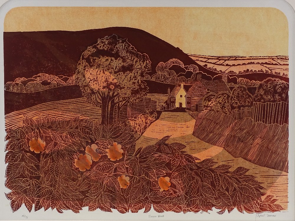 Robert Tavener, lino-cut print, Sussex Weald, sign