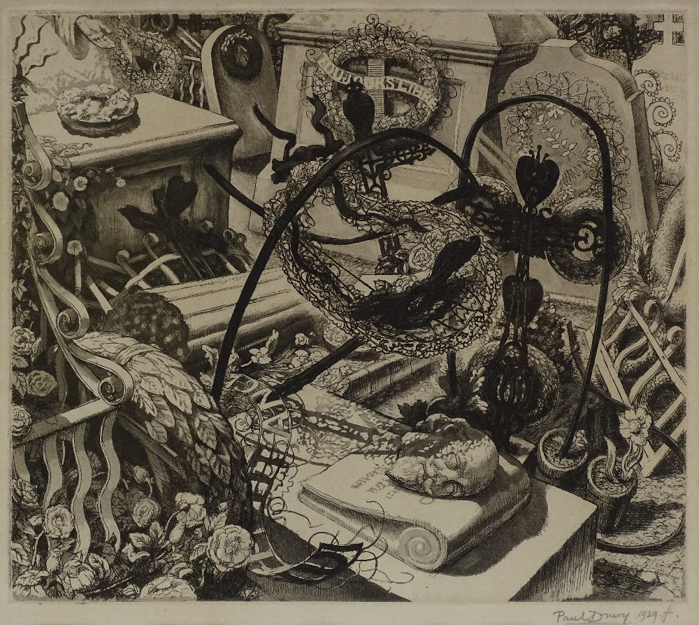 Paul Drury (1903-1987), etching, memento mori,