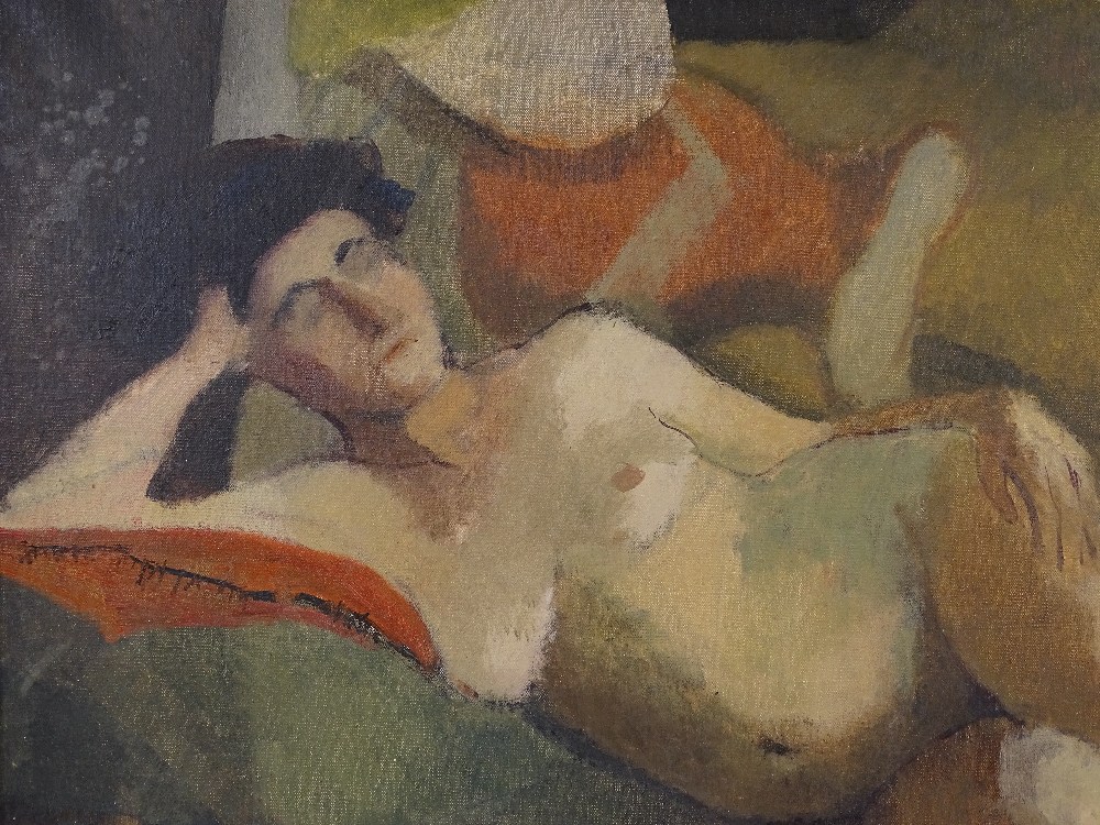 An early 20th century oil on canvas, reclining fem - Image 3 of 4