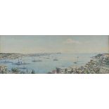 Watercolour, panoramic view of the Greek fleet in