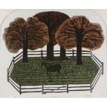 Robert Tavener, lino-cut print, pony and paddock,