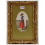 A 19th century watercolour, a girl by a garden gat