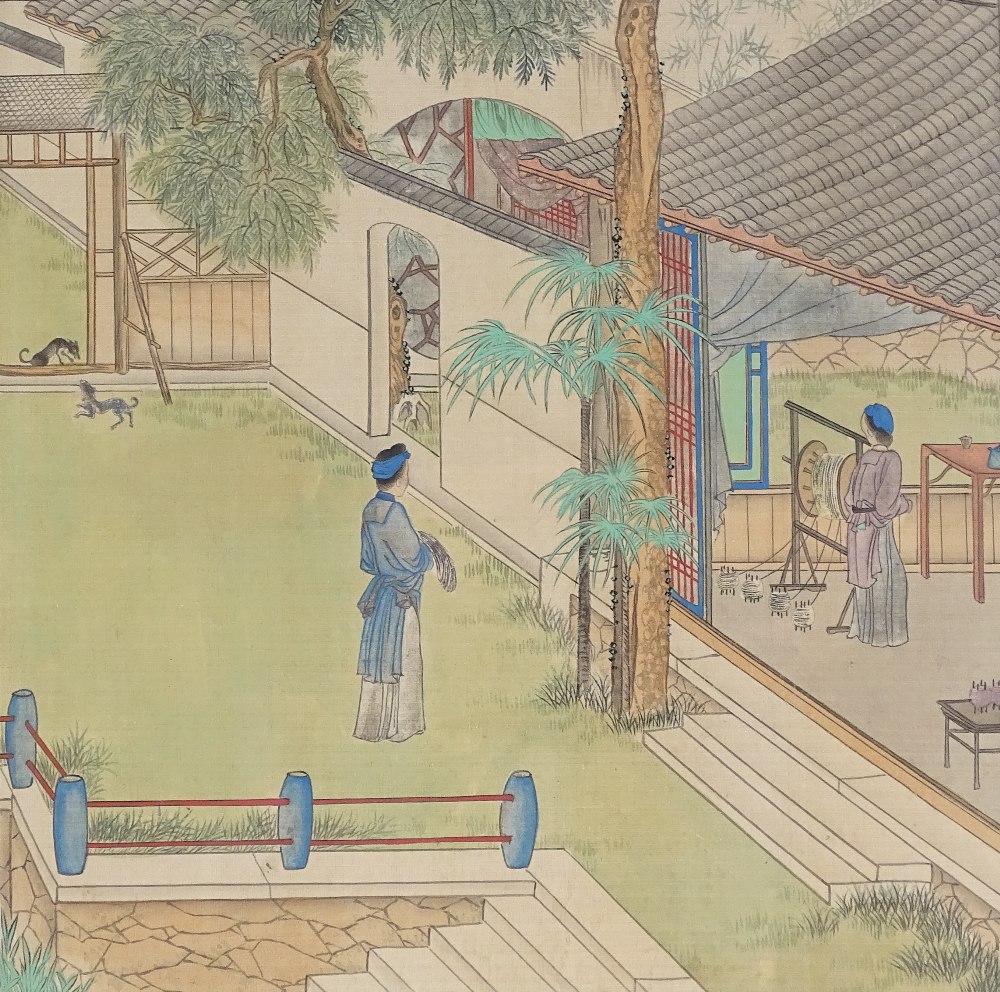 Japanese school, watercolour, figures in gardens,