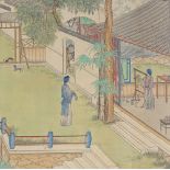 Japanese school, watercolour, figures in gardens,