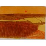 Robert Tavener, lino-cut print, cornfield and Down