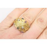 Yellow gold multi-gem set feathered dress ring, set with tiny diamonds,