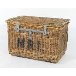 Arthur Craven wicker basket, with galvanised strap and bar clasps, and rope carrying handles,