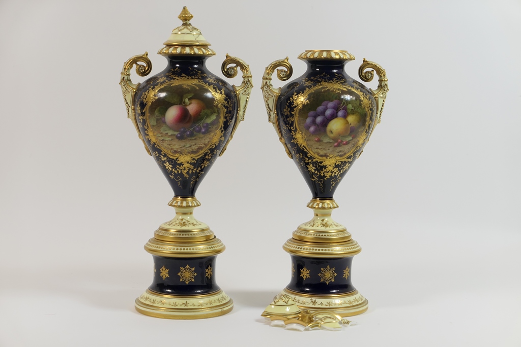 Pair of Coalport fruit decorated pedestal vases, by F H Chivers, circa 1920-26, shape no.