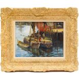 F Lorzner (Continental, 20th Century), Fishing boats in a harbour, signed oil on board,