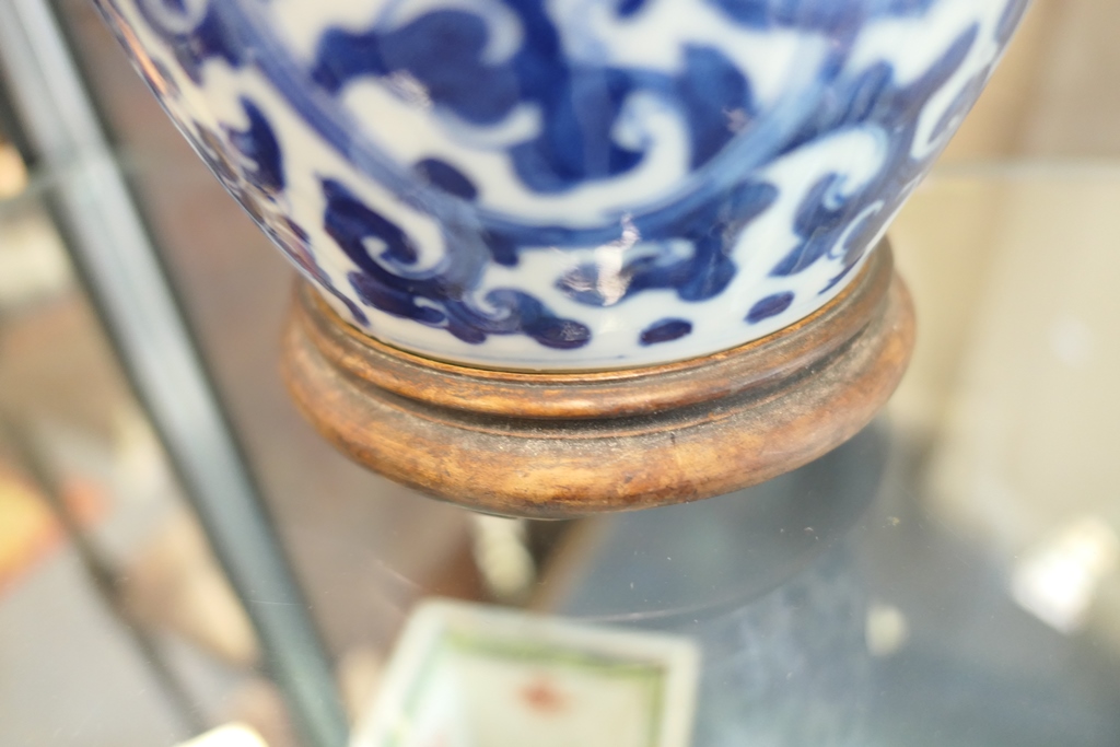 Chinese blue and white jar, 18th Century, ovoid form with pierced wooden cover, - Image 6 of 9