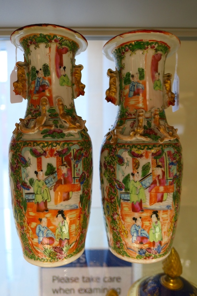 Pair of Cantonese famille rose vases, late 19th Century, ovoid form with a waisted neck, - Image 2 of 4