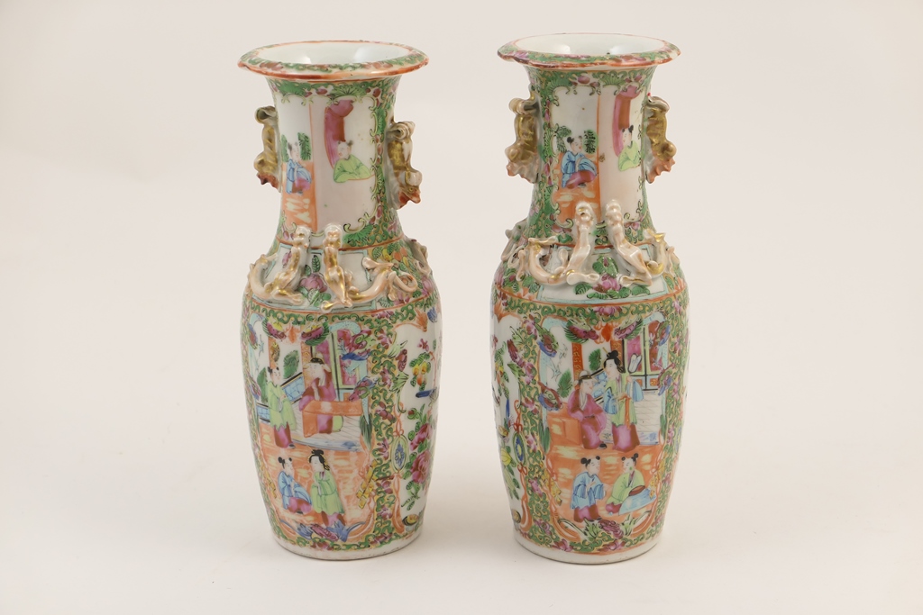 Pair of Cantonese famille rose vases, late 19th Century, ovoid form with a waisted neck,