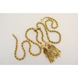 9ct gold rope twist double tassel pendant necklace, the pendant drop 70mm, chain length 47cm,