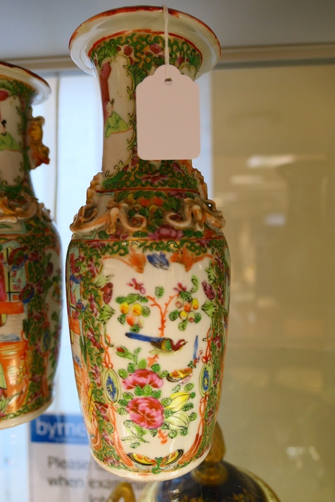 Pair of Cantonese famille rose vases, late 19th Century, ovoid form with a waisted neck, - Image 4 of 4