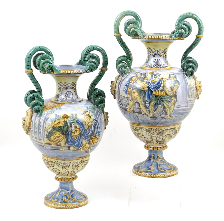 Pair of Italian maiolica pedestal vases, in the Cantigalli style,